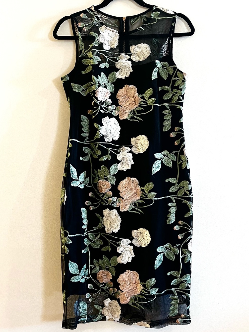 Calvin Klein Black Sheer Sleeveless Midi Sheath Dress with Floral Embroidery